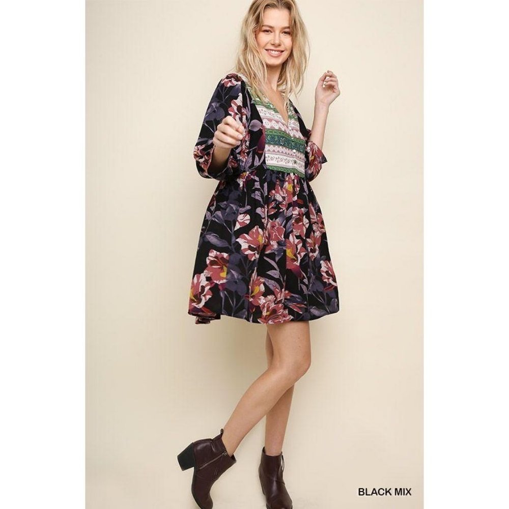 Umgee Dress Puff Sleeve Floral Print Small